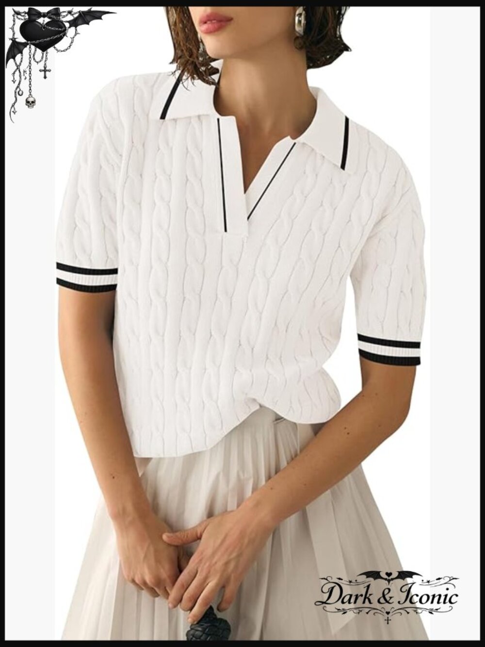 Short Sleeve V-Neck Cable Knit Polo Sweater Top Loose Fit Business Casual